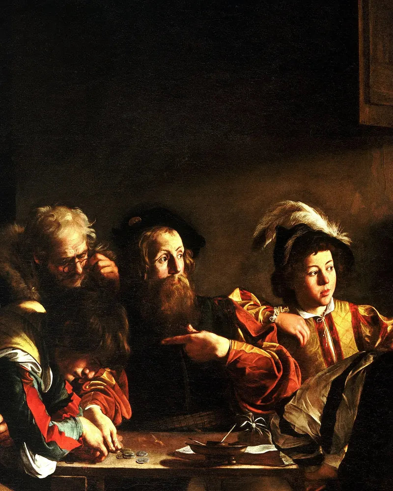 The Calling of Saint Matthew, Caravaggio, 1599–1600. Detail.